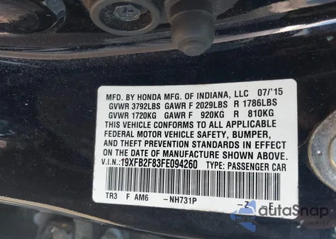 2015 Honda Civic Ex from USA, damaged, VIN 19XFB2F83FE094260
